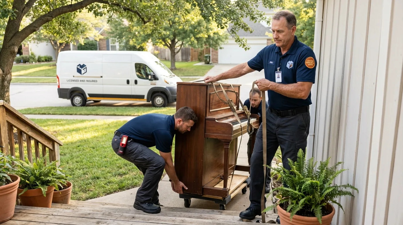 Licensed piano movers securing grand piano in Glendora, NJ