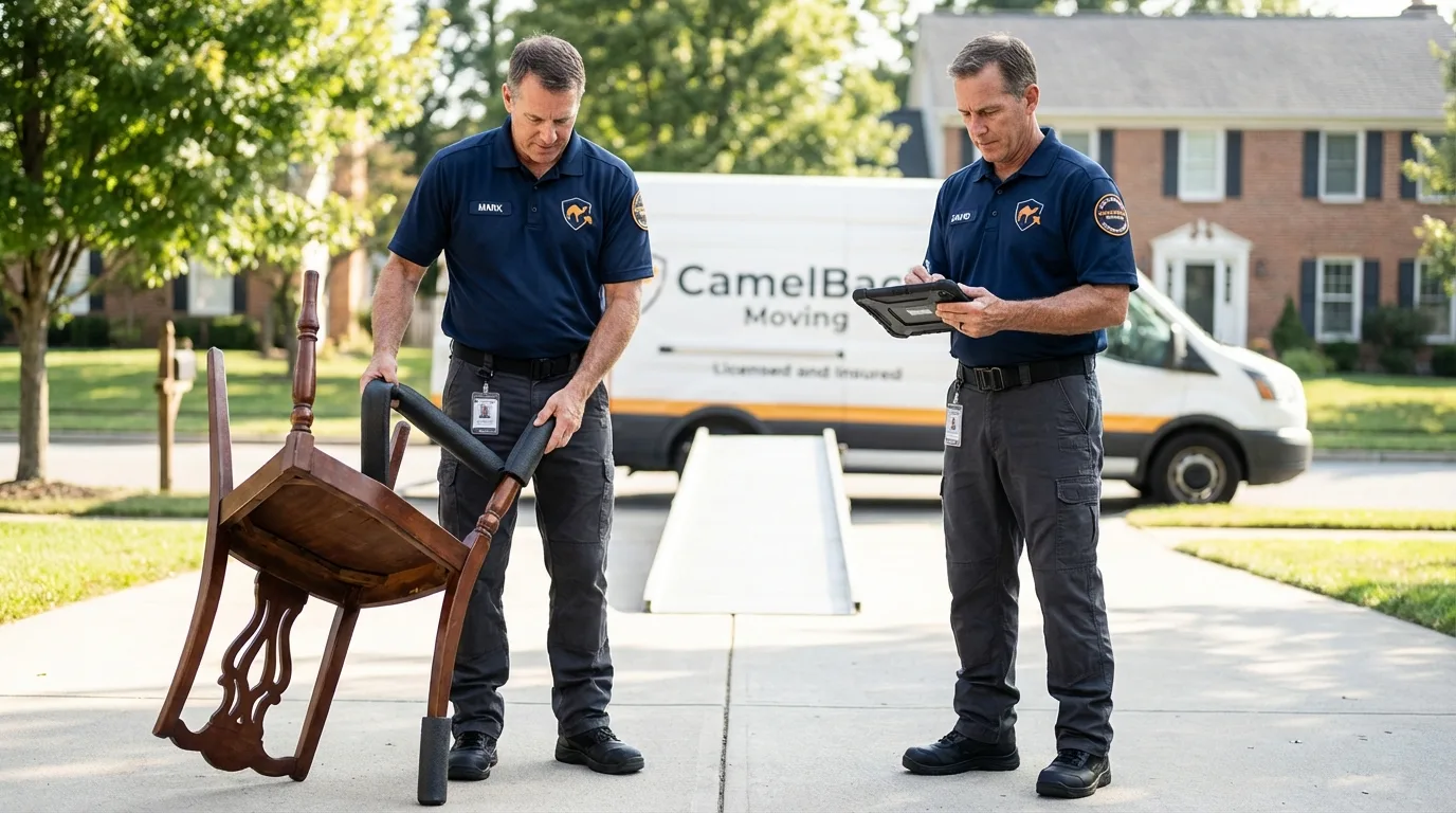 Movers inspecting furniture for damage prevention before loading in Glendora, NJ