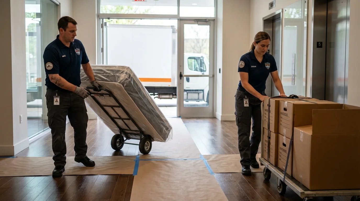 Professional apartment movers loading elevator in Glendora, NJ