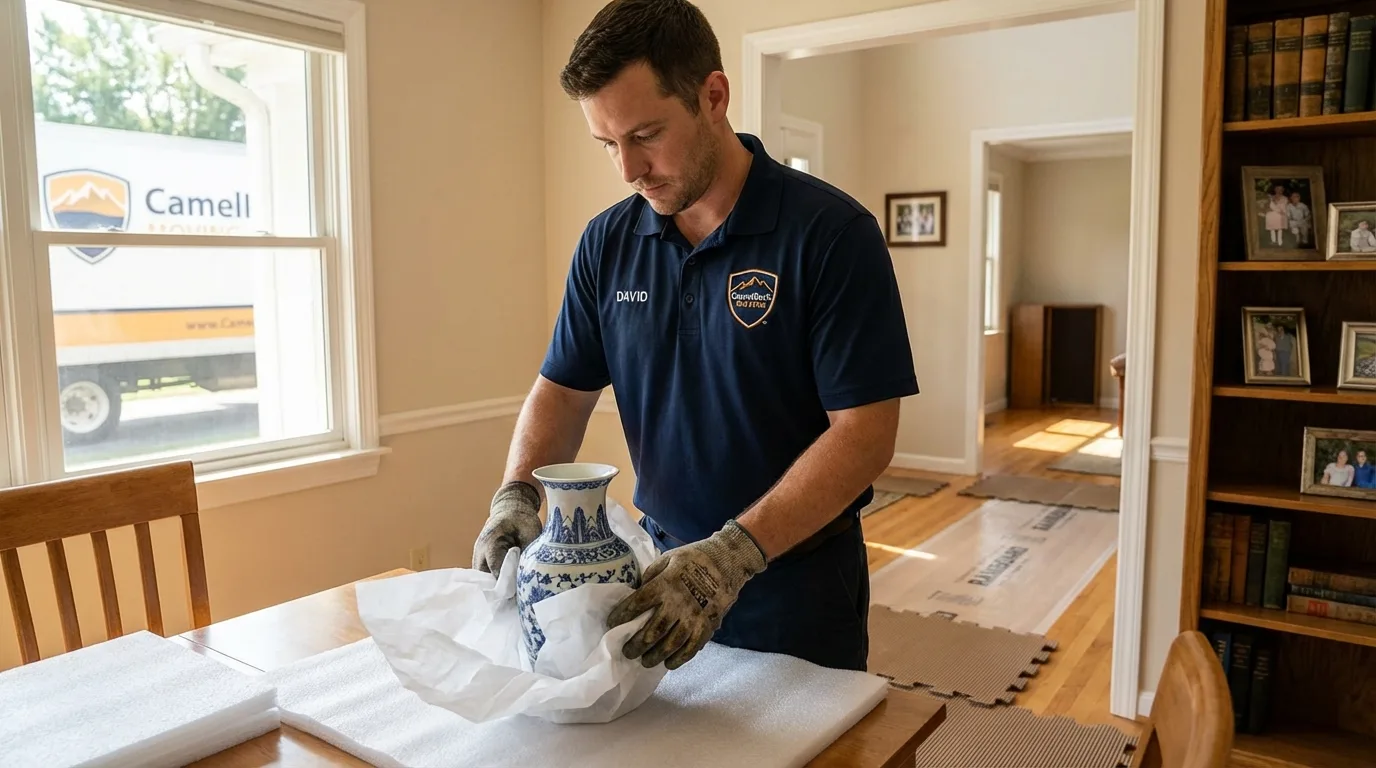Professional crew carefully wrapping antique vase for senior downsizing move in Glendora, NJ
